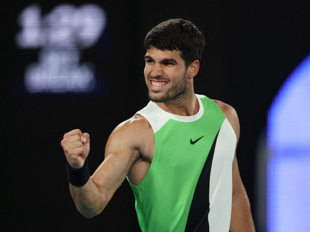 Carlos Alcaraz celebrates reaching the Australian Open semifinals in Melbourne